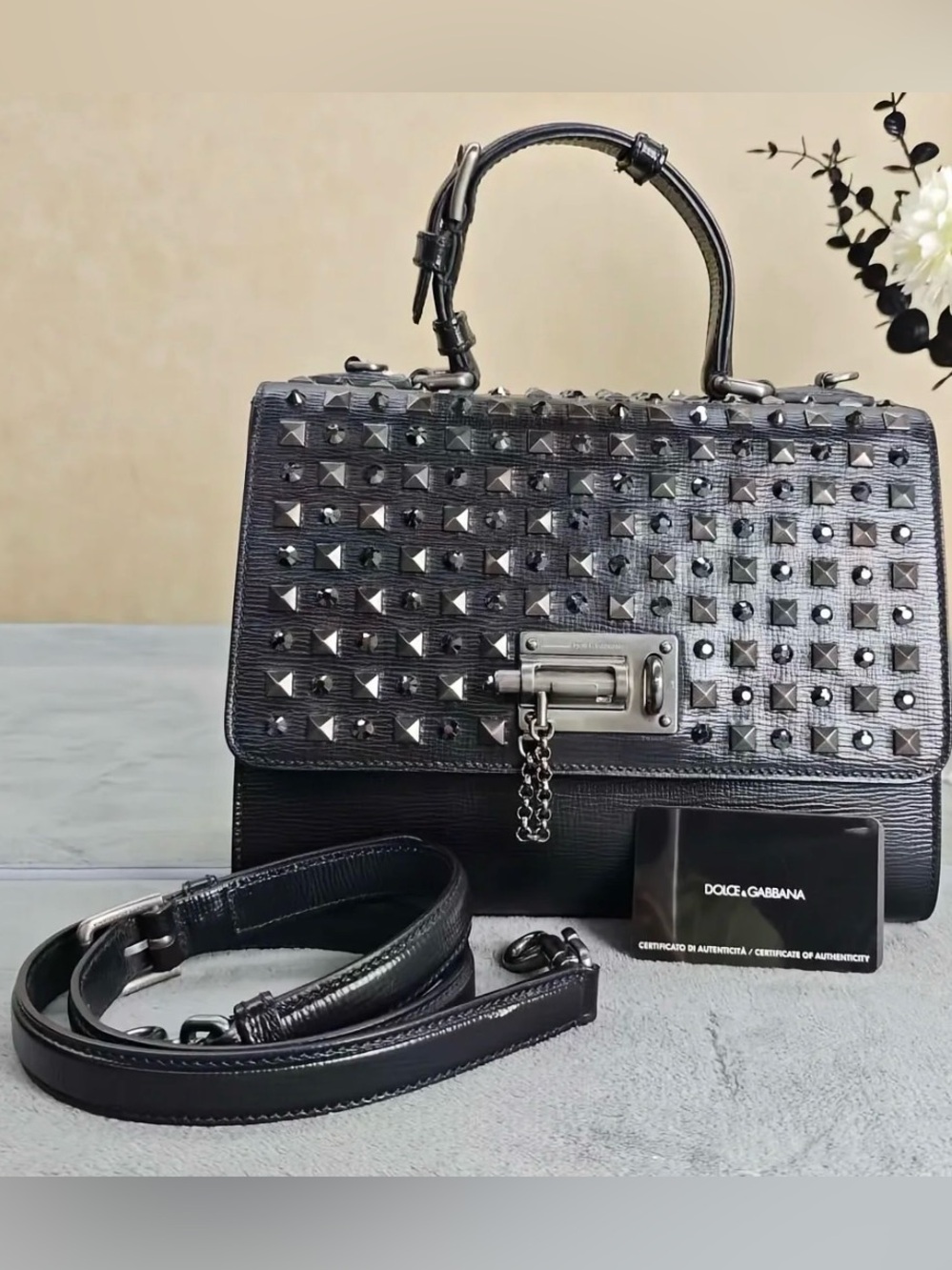 Dolce & Gabbana Miss Monica Black Studded Leather Top Handle Satchel with strap